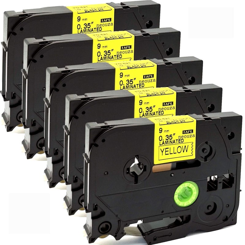 NEOUZA 5PK Compatible for Brother P-Touch Laminated Tze Tz Label Tape Cartridge 9mm x 8m (TZe-621 Black on Yellow) - Image 1